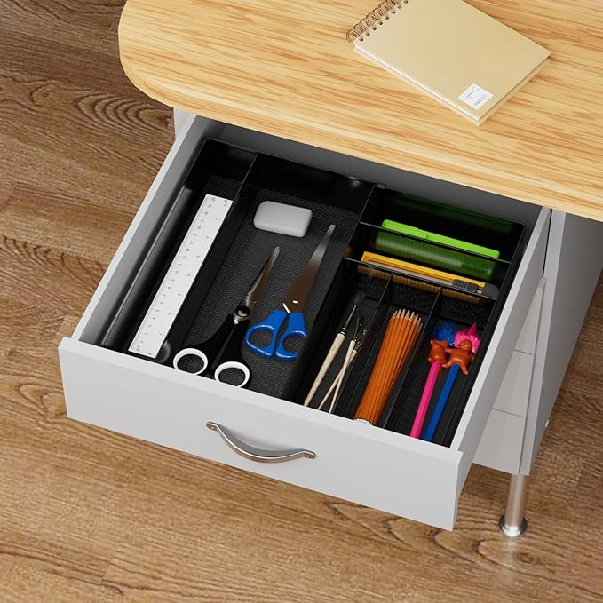 JANE EYRE Utensil Drawer Organizer - Expandable Cutlery Tray, Silverware/Flatware Storage Divider for Kitchen, Mesh Designing with Non-slip Rubber Feet (black)