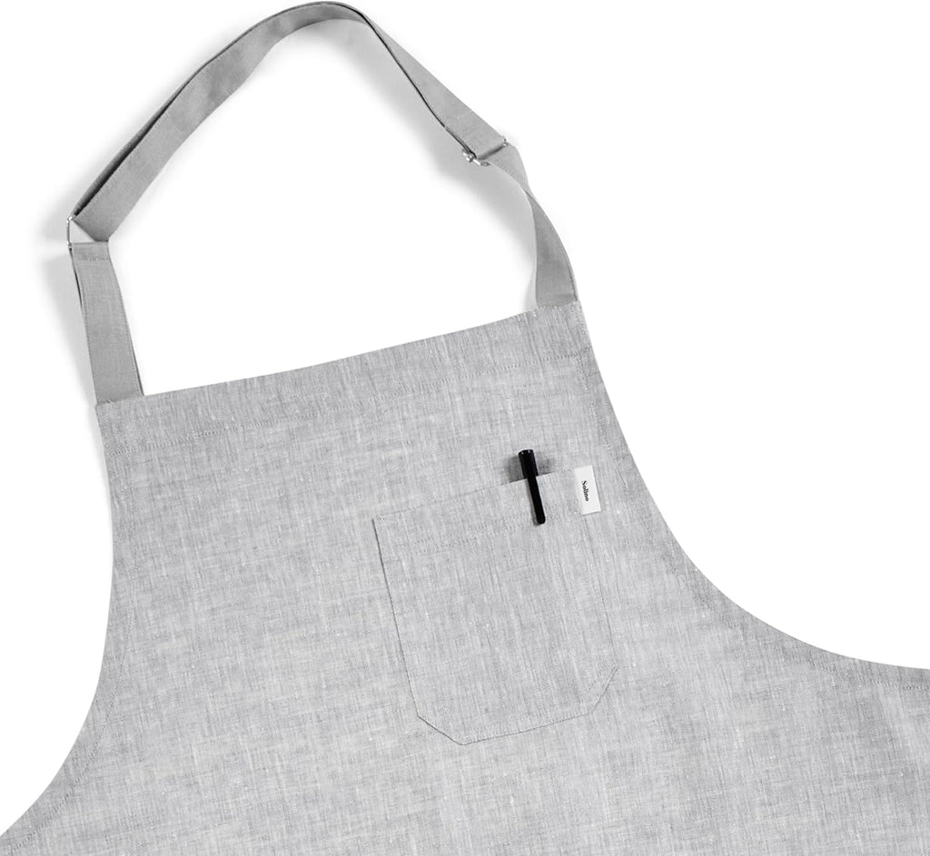 Solino Home Linen Bib Apron for Men & Women - Oyster Grey/Soft Grey Kitchen Apron with Front Pockets - Handcrafted from European Flax