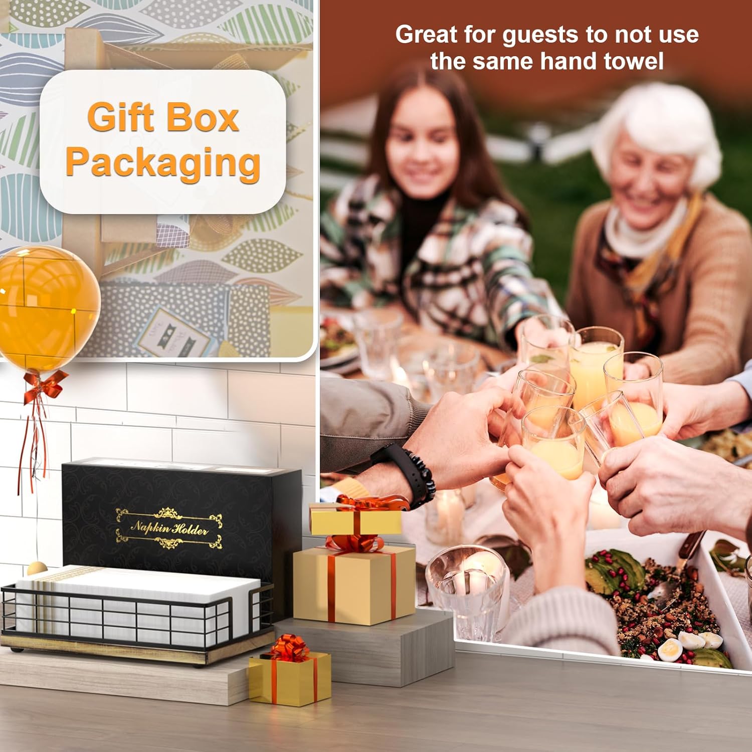 Wican Guest Towel Holder Tray for Bathroom, Oak and Iron Napkins Holder for Powder Room Dinning Table Wooden Basket for Disposable Paper Hand Towels Black and Farmhouse Brown