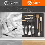Lifewit Silverware Drawer Organizer, Expandable from 16.9 to 30 inches, Large Utensil Tray for Kitchen, Adjustable Cutlery Holder, Plastic Flatware Storage for Spoons Forks Knives, Black
