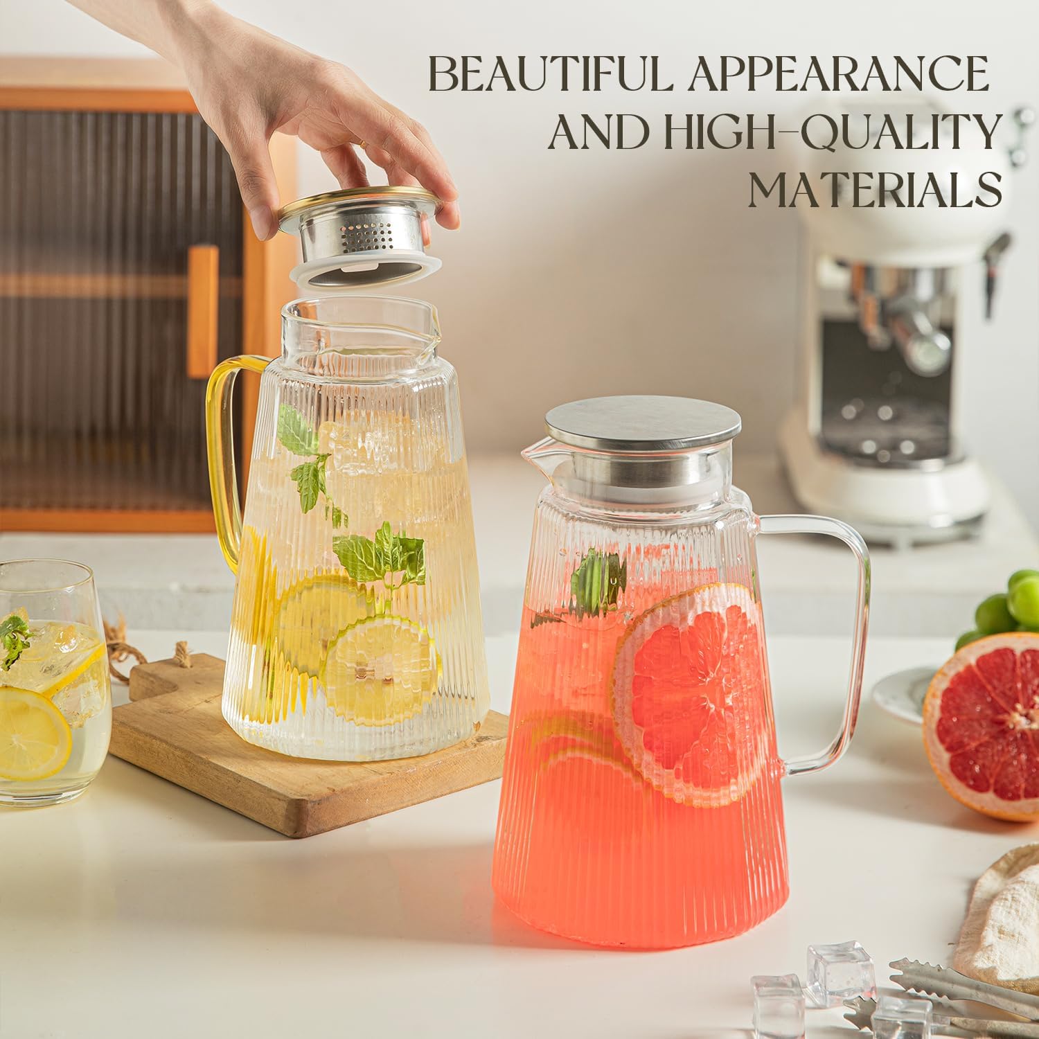 71oz Glass Pitcher with Lid, Ribbed Beverage Carafe for Hot & Cold Drinks, Water Jug with Handle for Juice, Tea, Milk, Iced Coffee – Heat Resistant Glass Serveware (1)