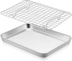 E-far Baking Sheet with Rack Set, 9.5” x 7.3” Stainless Steel Cookie Sheet Baking Pan for Toaster Oven, Mini Metal Tray with Cooling Wire Rack for Cooking Roasting, Non-toxic & Dishwasher Safe