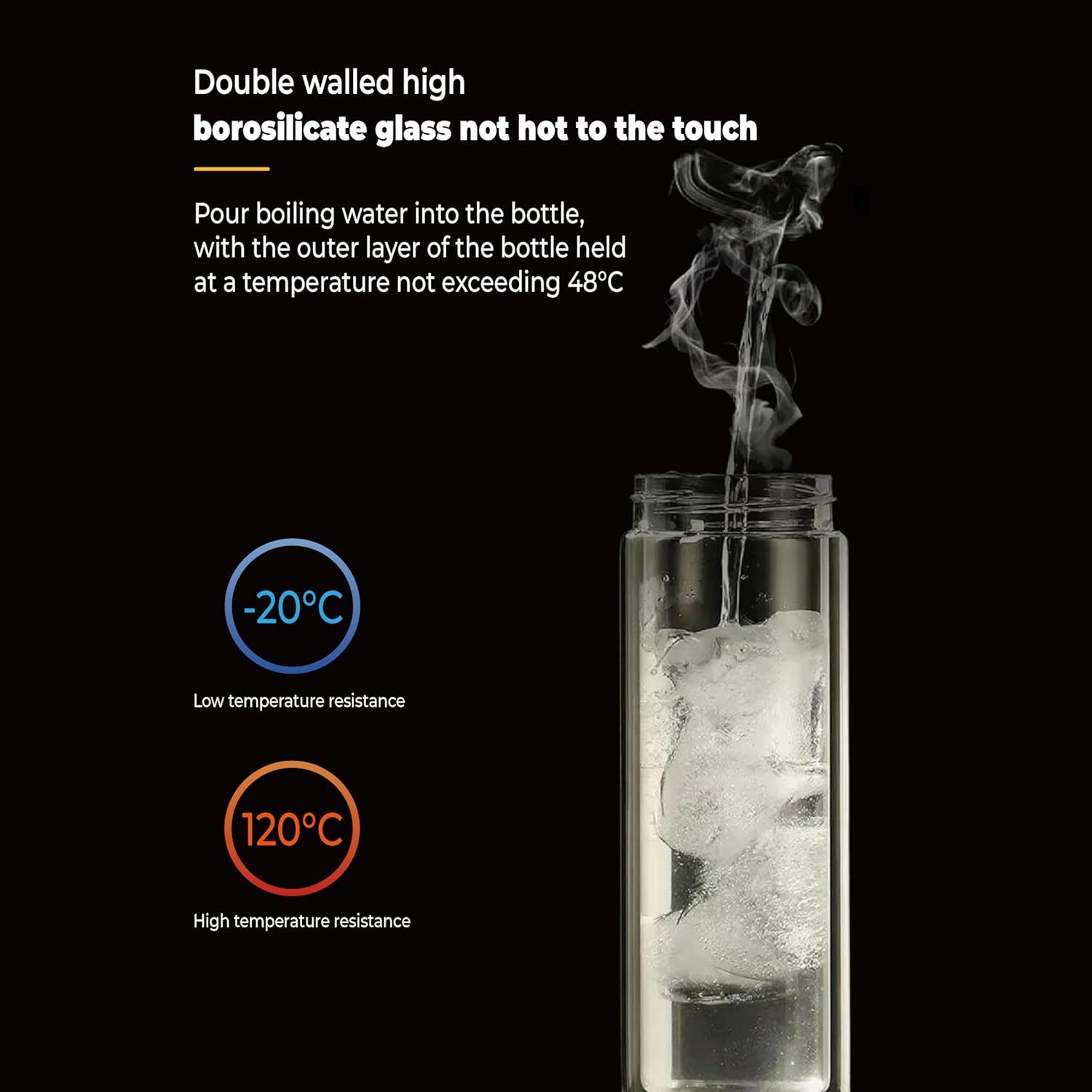 Glass Water Bottle Fits in Car Cup Holder, 14 oz Double Wall Borosilicate Glass Tea Infuser Bottle, One Handed One Key Lid Opening, for Car, Home, Office