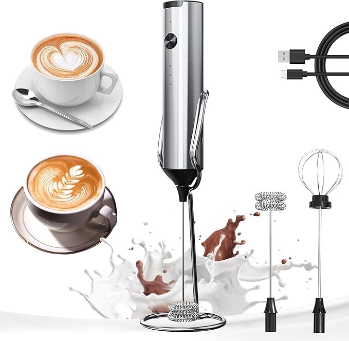 YARRAMATE Rechargeable Milk Frother Wand Handheld With Stand, 3 Speed Adjustable Drink Mixer with 2 Whisks, Stainless Steel Electric Stirrer for Coffee, Lattes, Protein Shakes, Matcha, Egg