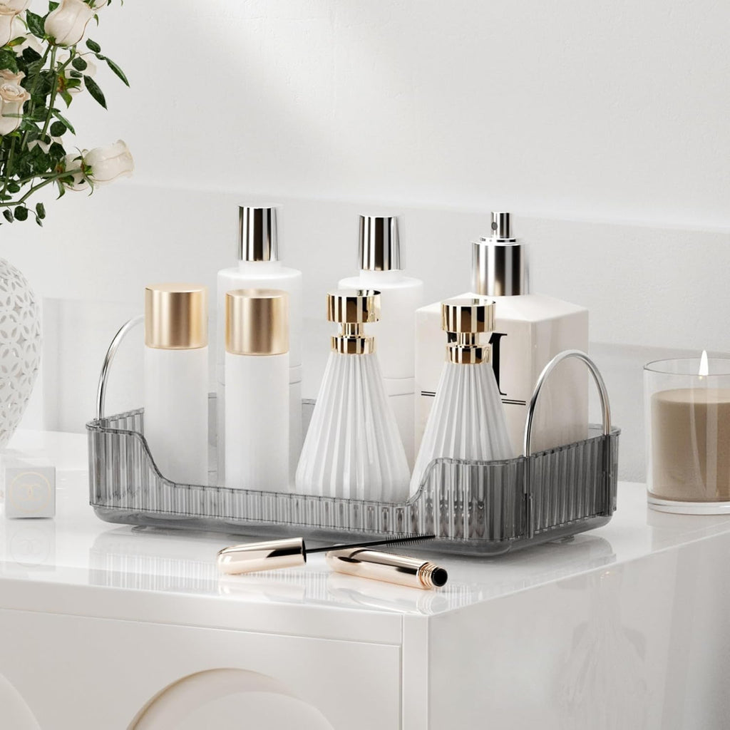 YCIA&DONE Bathroom Organizer Countertop, Makeup Storage, Skincare Cosmetic Tray Shelf, Perfume Holder Rack for Vanity Counter, Large Capacity, Easy to Install, Clean, 1 Tier, Smoky Gray