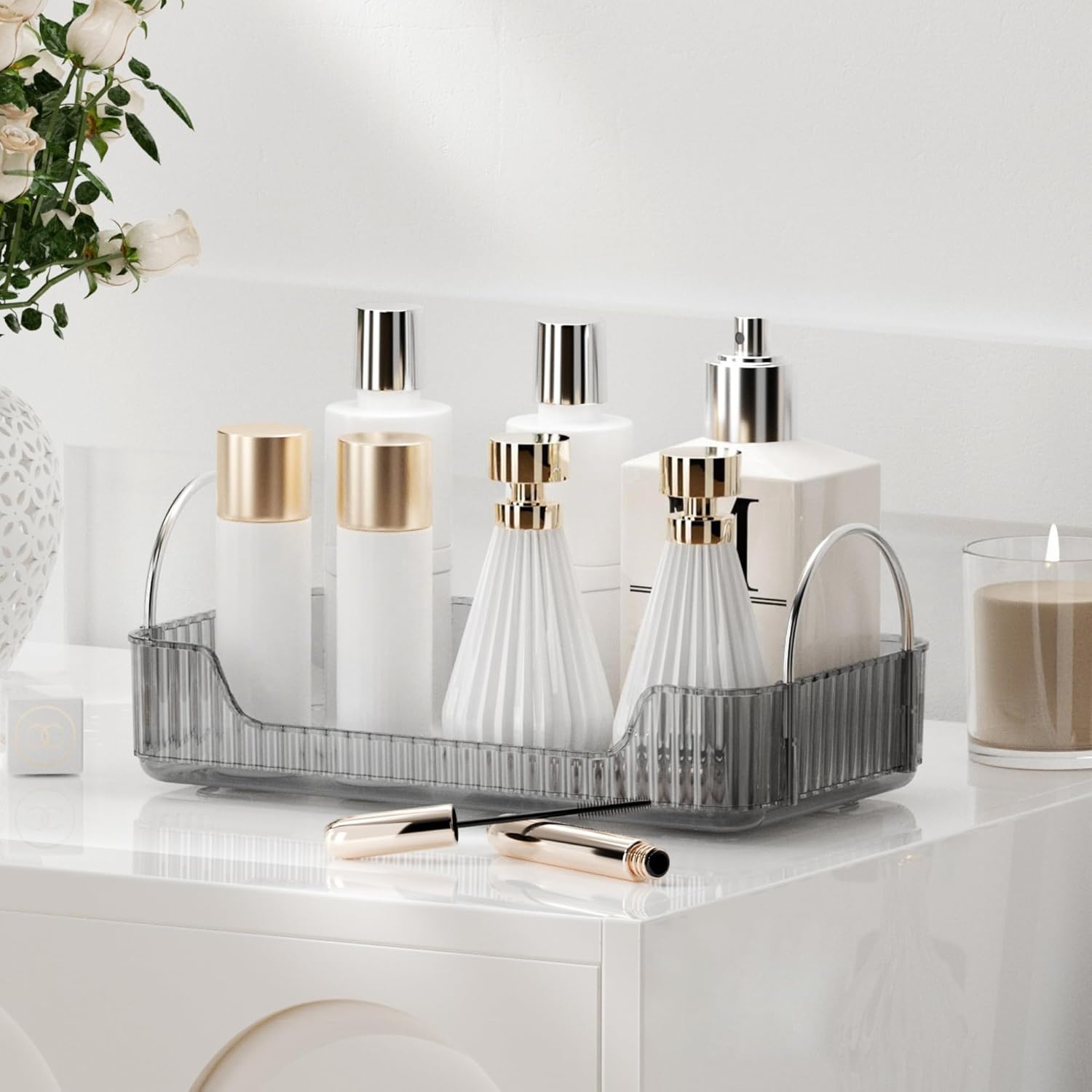 YCIA&DONE Bathroom Organizer Countertop, Makeup Storage, Skincare Cosmetic Tray Shelf, Perfume Holder Rack for Vanity Counter, Large Capacity, Easy to Install, Clean, 1 Tier, Smoky Gray