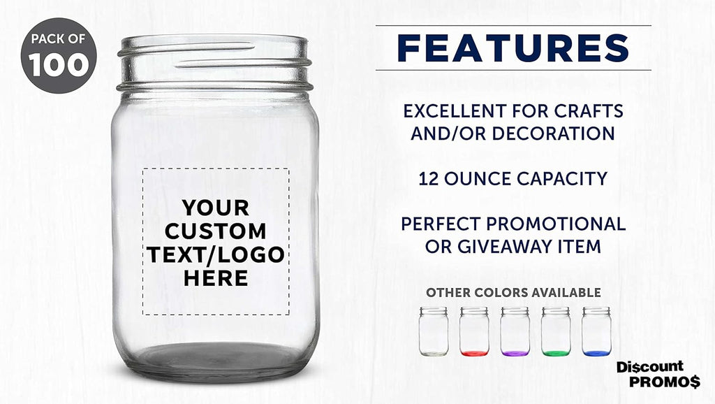 DISCOUNT PROMOS Custom Decorating Mason Jars 12 oz. Set of 100, Personalized Bulk Pack - Glass Jars for Overnight Oats, Candies, Fruits, Pickles, Spices, Beverages - Black