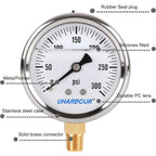 Glycerin Filled Pressure Gauge with 304 Stainless Steel Case, 2.5" Dial Size, 0-300Psi, High Accuracy, 1/4" NPT Center Lower Mount with Single Scale (psi).…