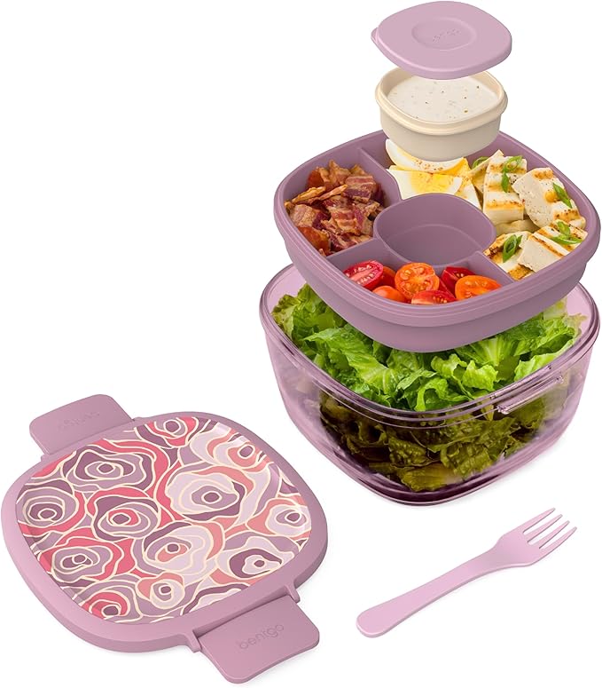 Bentgo Glass Prints All-in-One Salad Container - 61oz Tinted Glass Salad Bowl with Lid, Bento-Style Tray, Sauce Container, & Reusable Fork - Dishwasher & Microwave Safe (Floral Maximalist - Bouquet)