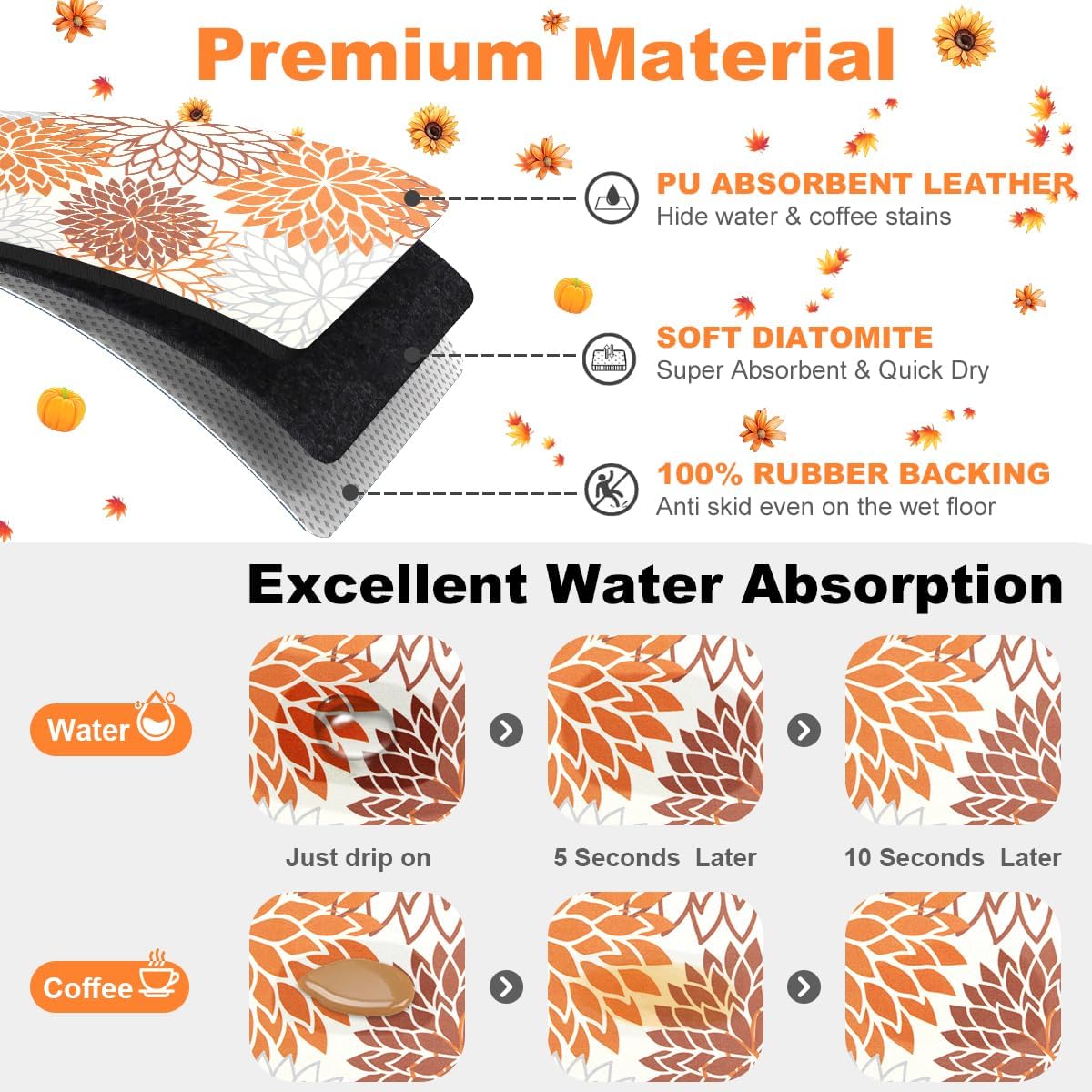 Findosom 2PCS 17" x 32" Fall Dish Drying Mat & 24" x 5.5" Sink Splash Guard, Super Absorbent & Cuttable Dish Mat Drying Kitchen Mat with Orange Floral, Hide Stain Drying Mat for Kitchen Counter