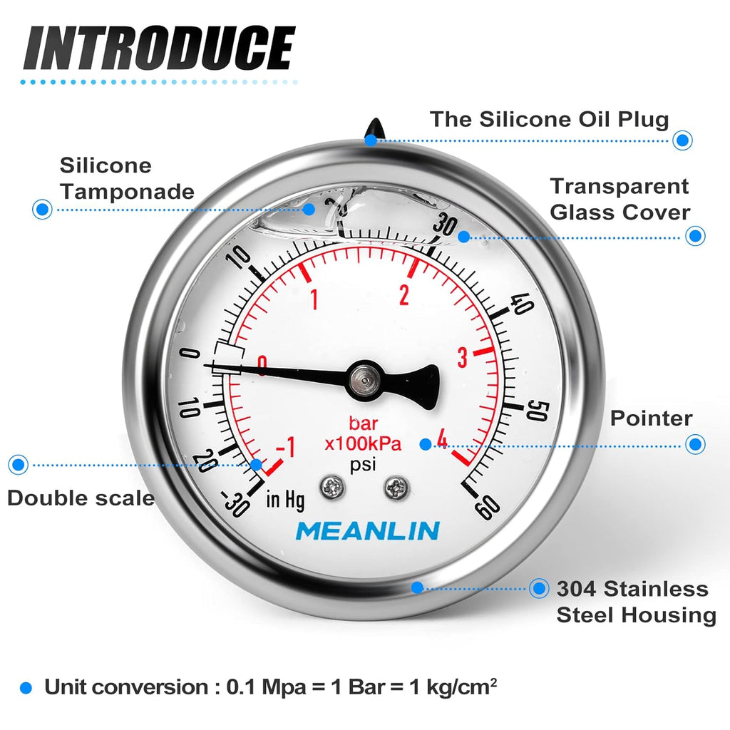 MEANLIN MEASURE -30inHG~60Psi Stainless Steel 1/8" NPT 2.5" FACE DIAL Vacuum Pressure Gauge, Center Back Mount, with 1/4" NPT and 3/8" NPT Hex Bushing