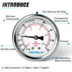 MEANLIN MEASURE -30inHG~60Psi Stainless Steel 1/8" NPT 2.5" FACE DIAL Vacuum Pressure Gauge, Center Back Mount, with 1/4" NPT and 3/8" NPT Hex Bushing