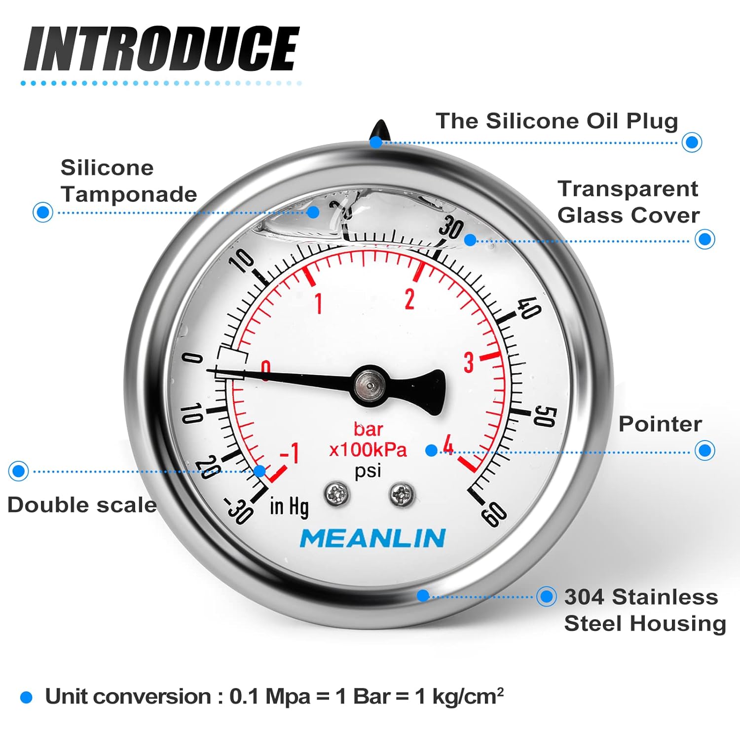 MEANLIN MEASURE -30inHG~60Psi Stainless Steel 1/8" NPT 2.5" FACE DIAL Vacuum Pressure Gauge, Center Back Mount, with 1/4" NPT and 3/8" NPT Hex Bushing