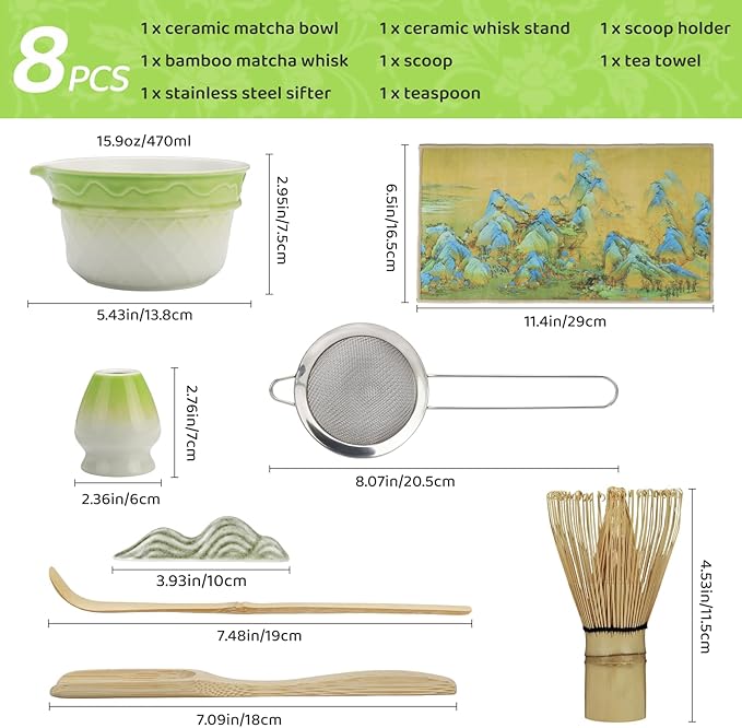 8PCS Matcha Whisk Set, Ceramic Matcha Kit Set, Japanese Tea Ceremony Tools with Matcha Bowl, Bamboo Whisk, Holder, Sifter, Spoon, Tea Cloth, Scoop and Scoop Rest (Relief Green and White)