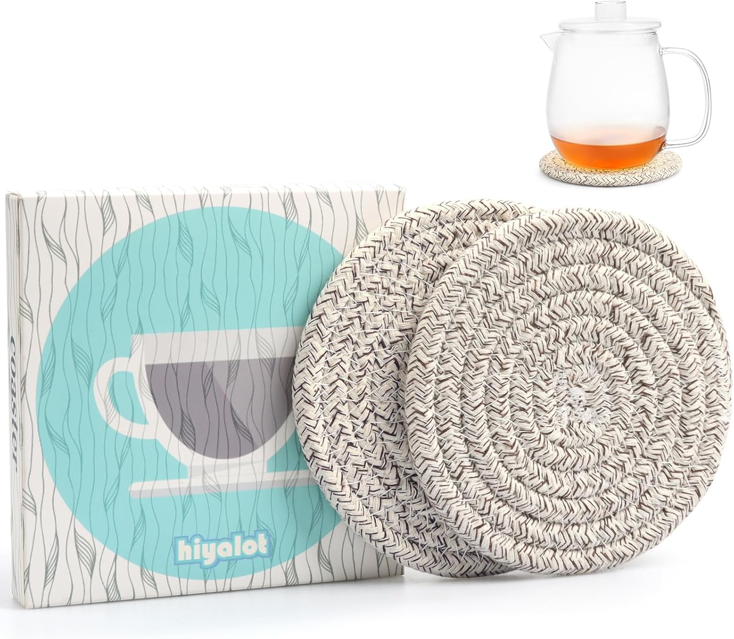 Large 4.8" Cotton Coasters for Drinks Set of 2, Oversized Absorbent Brown Fabric Cup Mats for Coffee Mugs, Boho Desk & Nightstand Drink Pads, Durable Minimalist Coasters for Home Décor(Caffè no)