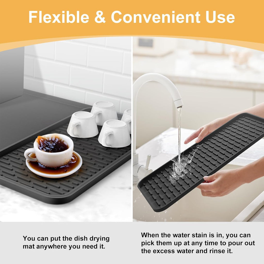 Silicone Coffee Mat,16''x16'' Coffee Bar Mat with Detachable Dish Drying Mat for Kitchen Countertops,Coffee Bar Accessories Fit Under Coffee Maker Coffee Machine Coffee Pot Espresso Machine Dish Rack