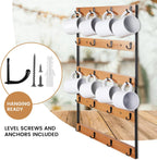 Wall Mounted Coffee Mug Holder, Large 5 Tier Shelf with 20 Hooks for Cups, Rustic Wooden Display Rack for Kitchens, Homes and Bars (Bamboo) ﻿