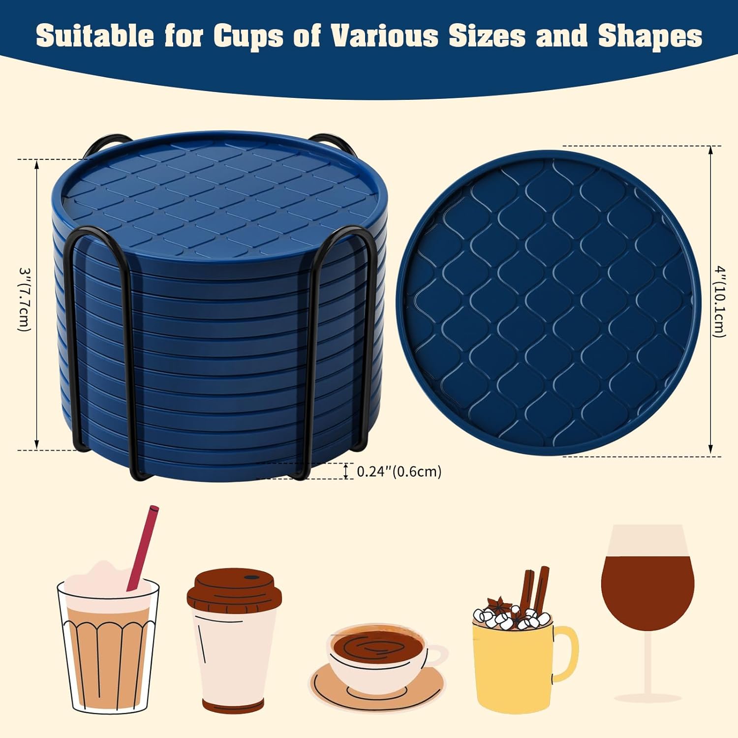 Coasters,Drink Coasters Set of 8 with Holder (Navy Blue, 12pcs)
