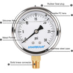 Glycerin Filled Pressure Gauge with 304 Stainless Steel Case, 2.5" Dial Size, 0-30Psi, High Accuracy, 1/4" NPT Center Lower Mount with Single Scale (psi).…