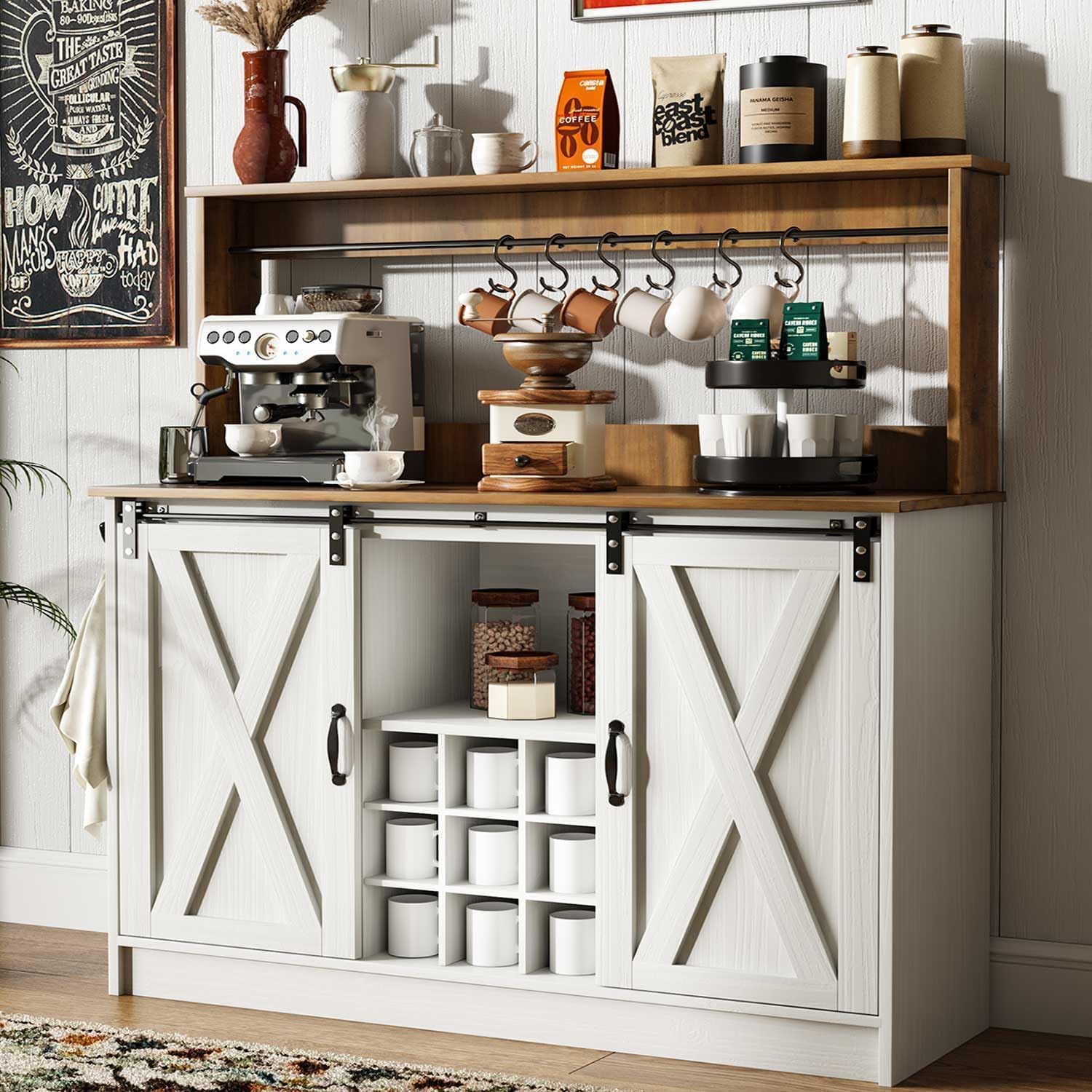 4ever2buy Farmhouse Coffee Bar Cabinet with 6 Hooks, 47'' Kitchen Coffee Bar with Hutch and 9 Wine Racks, White Sideboard Buffet with Sliding Barn Door for Dining Living Room
