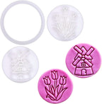 BAKERLOGY Spring Whispers - Mini 2" Cookie Cutter & Stamp Set - Tulip Garden & Windmill Design for Easter & Spring Cookies, Cupcakes & Fondant Decorations
