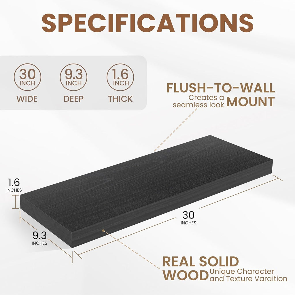 Fun Memories 9 Inch Deep Black Floating Shelves, Farmhouse Rustic Natural Wood Floating Shelf Wall Mounted, 30 x 9 Wall Shelves Set of 2, Deep Black Bathroom Shelves