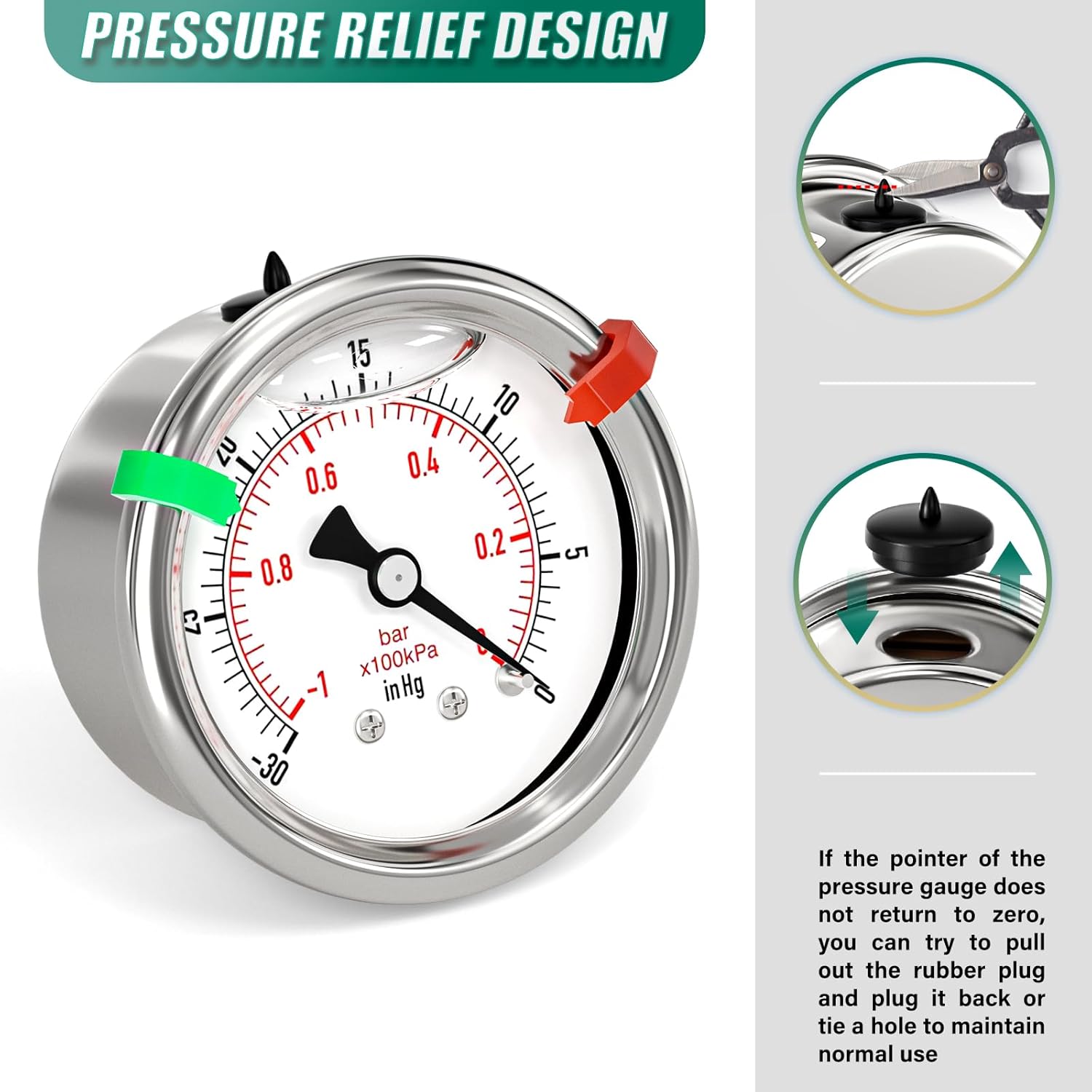 -30inHG-0PSI Stainless Steel Liquid Filled Pressure Gauge, 2.5" Dial Size, 1/8" NPT Back Mount, for Tube, Water Pump, Gas, Liquid, Pressure Test (with Range Mark Pointer)