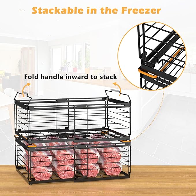 NADAMOO Freezer Organizer Bins, 3 Packs Large Expandable Stackable Chest Freezer Containers with Handle, Metal Adjustable Storage Baskets for Fridge, Deep Freezer, Cabinet, Kitchen, Pantry - Black