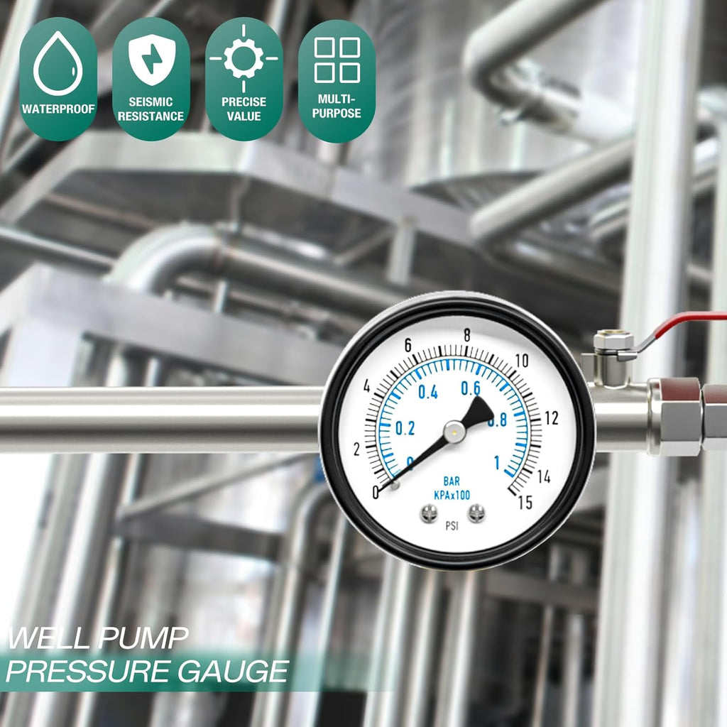 0-15PSI Well Pump Pressure Gauge 2" Dial Size, 1/4" NPT Back Mount, 3-2-3% Accuracy, for Tube, Water Pump, Gas, Liquid, Pressure Test