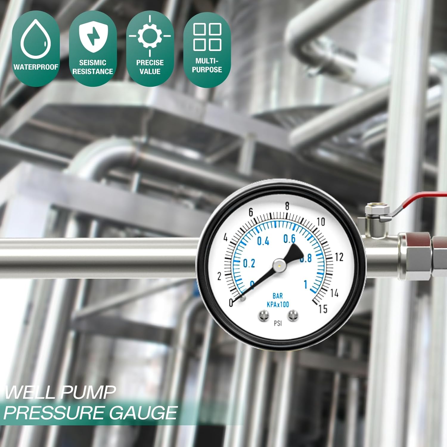 0-15PSI Well Pump Pressure Gauge 2" Dial Size, 1/4" NPT Back Mount, 3-2-3% Accuracy, for Tube, Water Pump, Gas, Liquid, Pressure Test
