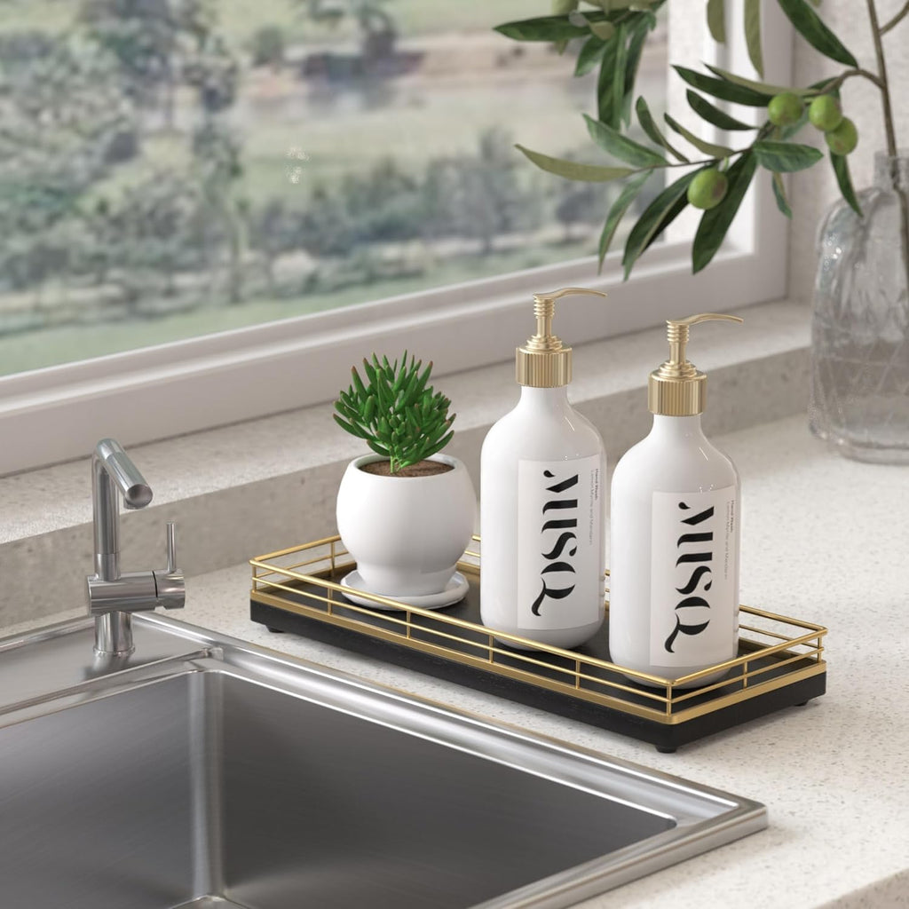 Wooden Decorative Tray, Oak 11.2" L Coffee Table Tray for Kitchen Countertop Soap Sponge Holder Candle Nightstand Table Centerpieces for Dining Room Decor Black Gold