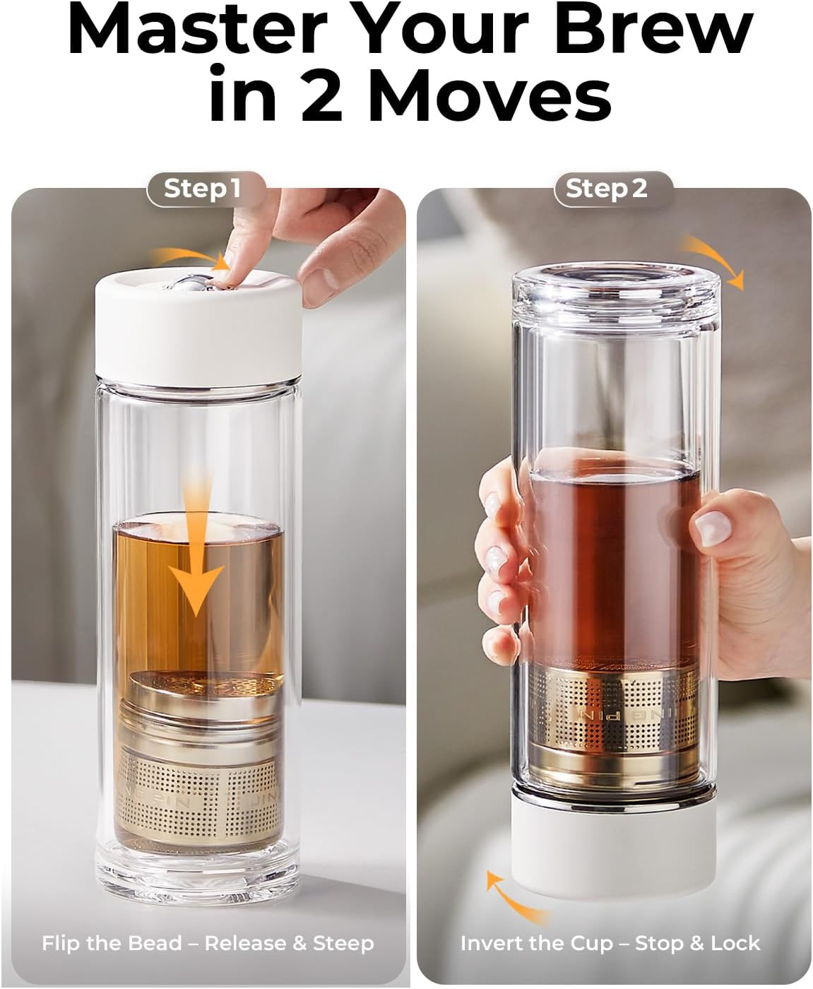 MagnaDrop Tea Tumbler – Double Wall Glass Tea Infuser Cup with Magnetic Steep Control & Bead Switch, Leakproof Travel Mug for Loose Leaf, 10.5oz