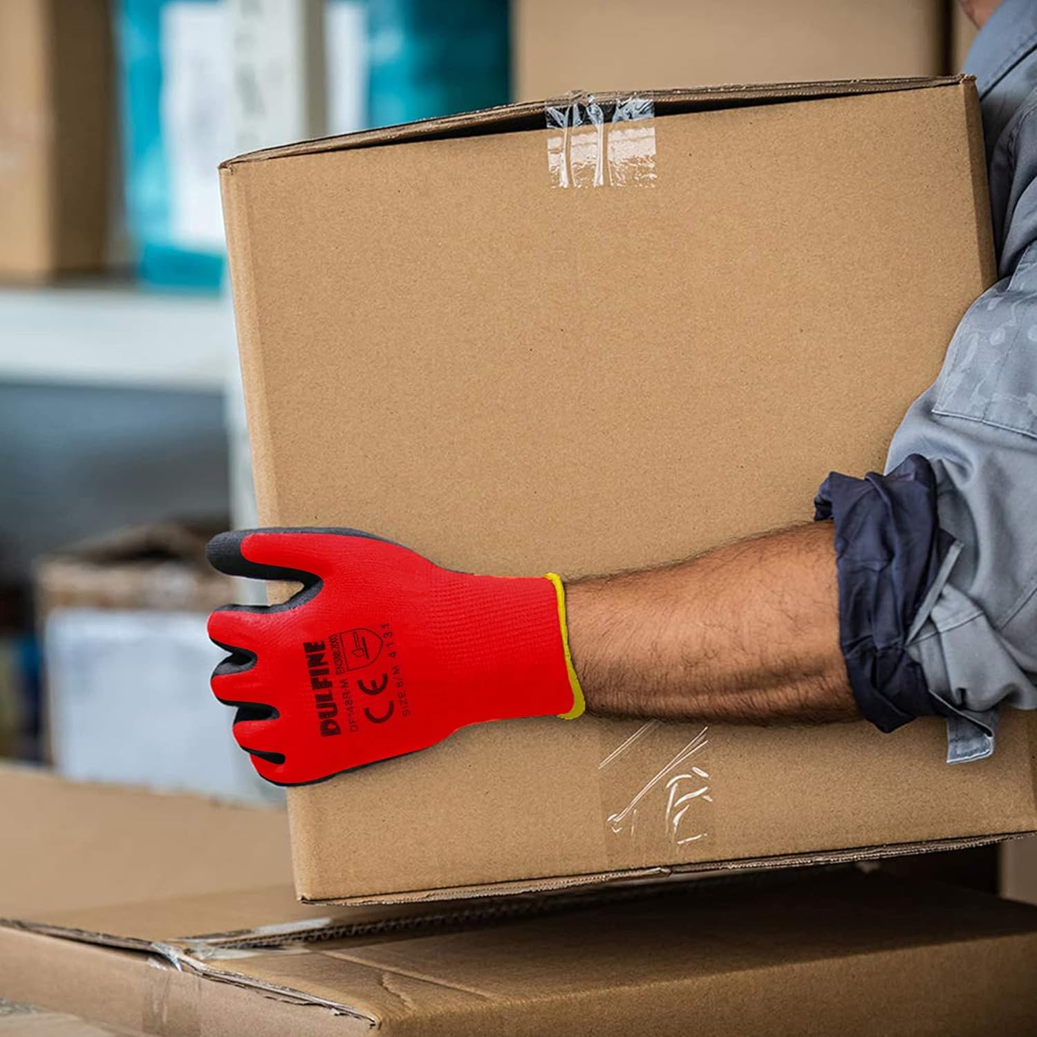 DULFINE Safety Work Gloves PU Coated for Men and Women-12 Pairs,Red Seamless Knit Glove with Two Fingers Touchscreen,Ideal for General Duty Work (Small)