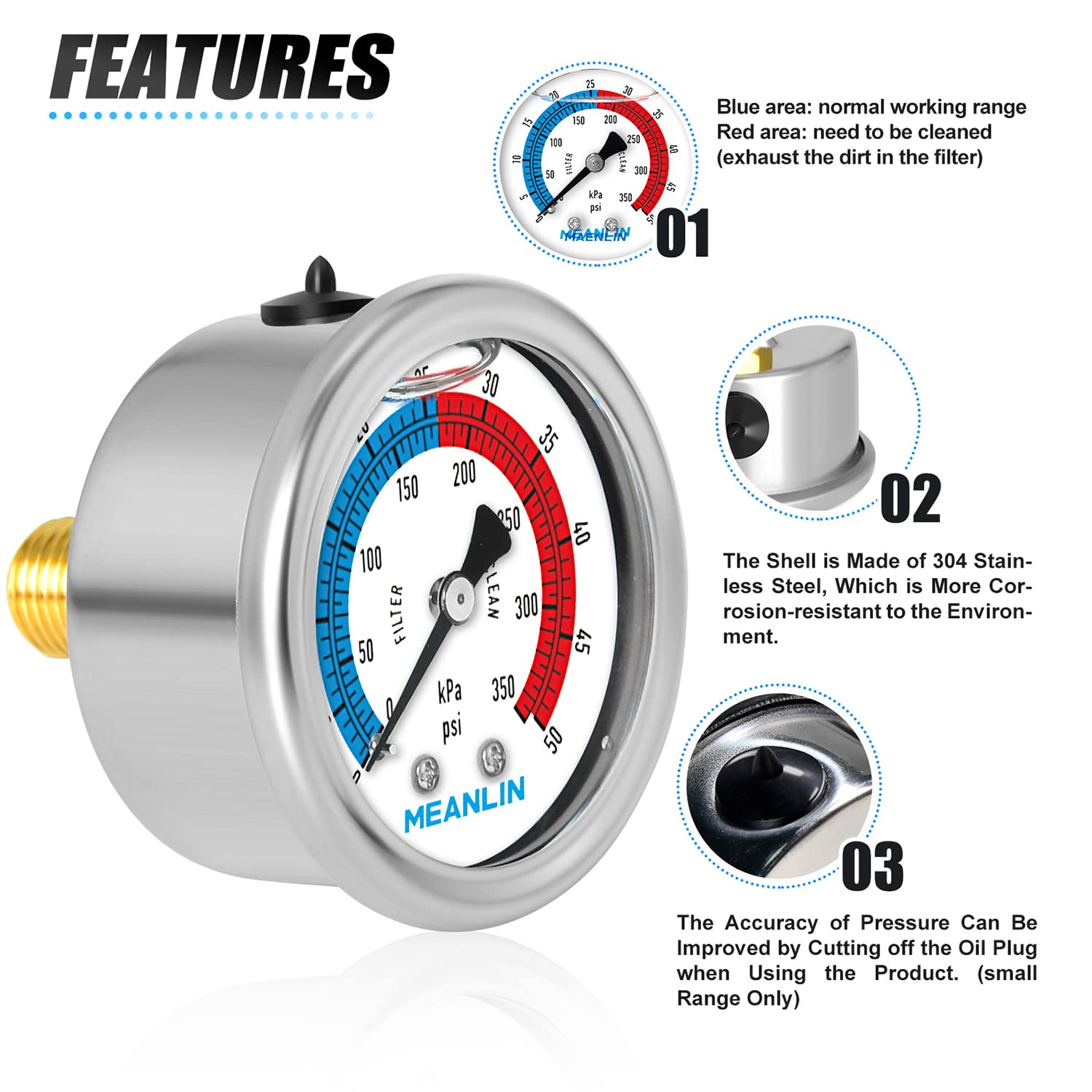 MEANLIN MEASURE 1/4" NPT 0-50psi Pressure Gauge, 2" Dial Glycerine Filled Pool Filter, 304 Stainless Steel Housing, Back Mount, with 1/2" NPT and 3/8" NPT Hex Bushing