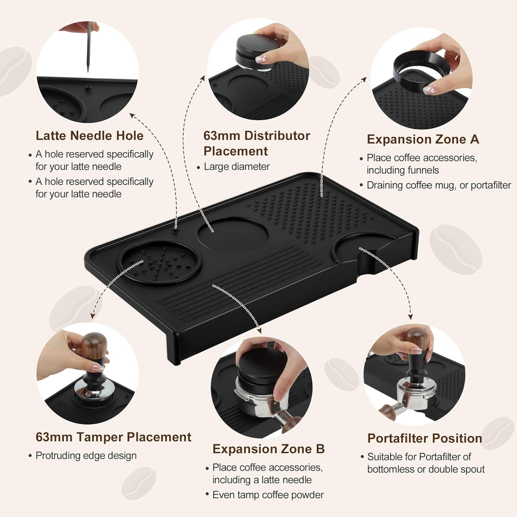 VOCOSTE Espresso Tamping Mat, Non-Slip, Prevents Portafilters from Damaging the Counter, Silicone 10.43"x5.51" Coffee Tamper Mat for Barista Espresso Machine Accessories, Black