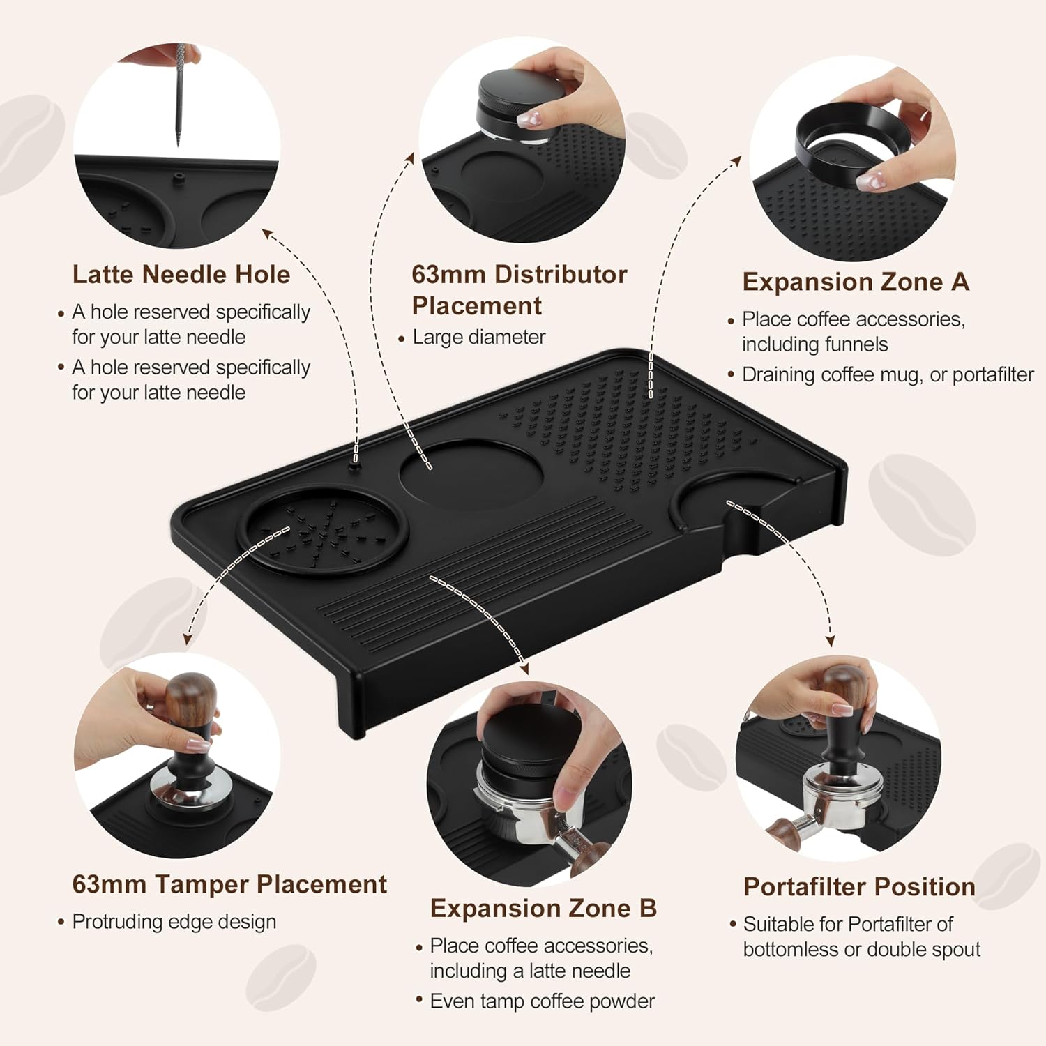 VOCOSTE Espresso Tamping Mat, Non-Slip, Prevents Portafilters from Damaging the Counter, Silicone 10.43"x5.51" Coffee Tamper Mat for Barista Espresso Machine Accessories, Black