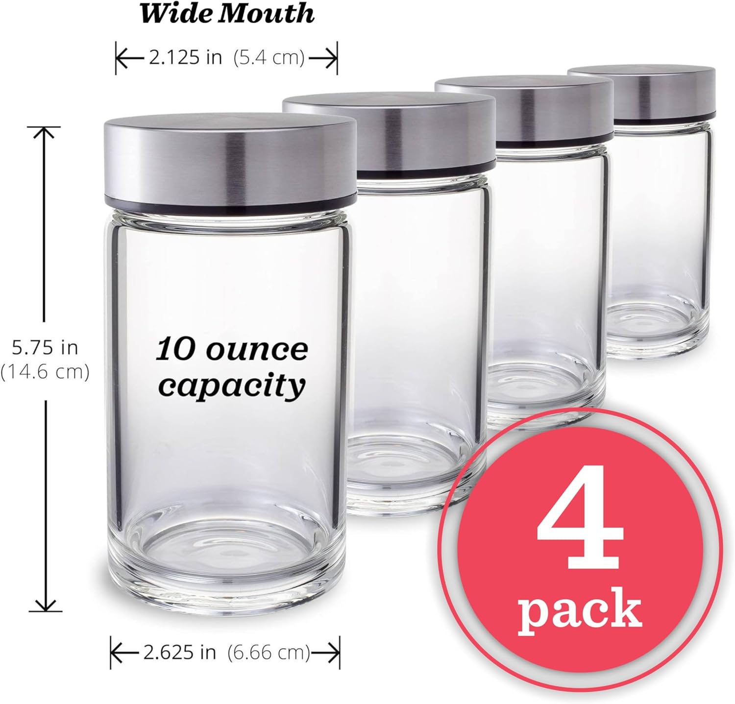 Juice Bottles - 4 Pack Wide Mouth Glass Bottles with Lids - for Juicing, Smoothies, Infused Water, Beverage Storage - 10oz, BPA Free, Stainless Steel Lids, Leakproof, Reusable, Borosilicate