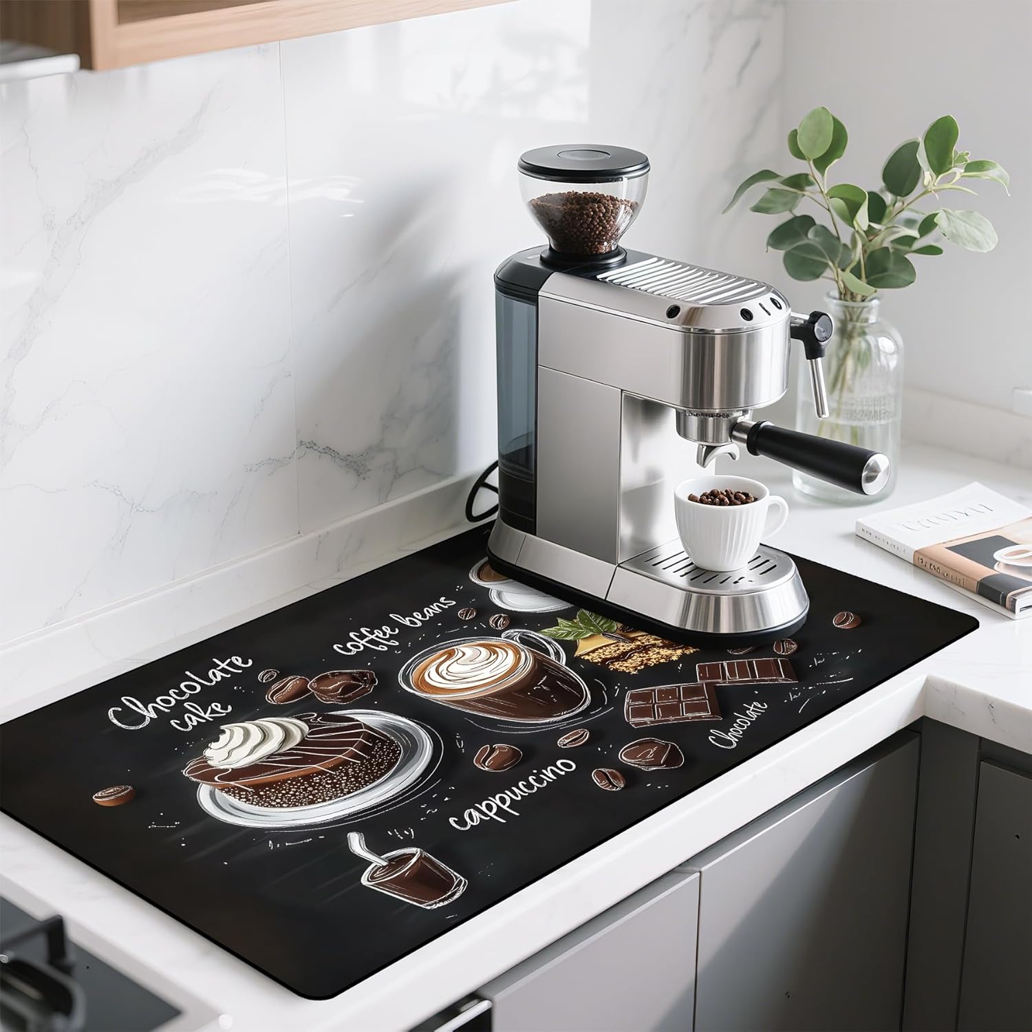 17"x 32" Coffee Bar Mat, Coffee Chocolate Absorbent Dish Drying Mat Cuttable Hide Stain Draining Table Pad for Kitchen Counter, Coffee Bar Accessories