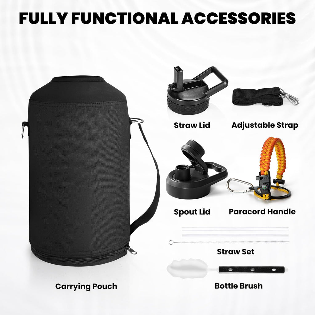 One Gallon Water Bottle Insulated, Triple Walled Vacuum Stainless Steel (Cold for 48 Hrs), Leak Proof & Non-BPA, Large Water Flask Jug with Paracord Handle & Straw Spout Lids