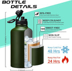 64oz Insulated Water Bottle with Straw & Auto Spout Lid - (Cold 48H & Hot 24H) Half Gallon Stainless Steel Water Jug with Paracord Handle, Metal Tactical Military Water Flask with Carrier Strap Bag