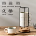 LUKA 6 Ounce Porcelain Stackable Espresso Cups with Saucers and Metal Stand Set of 4, Ceramic Cappuccino Cups Set for Specialty Coffee Drinks, Latte, Cafe Mocha and Tea, White Green Interior