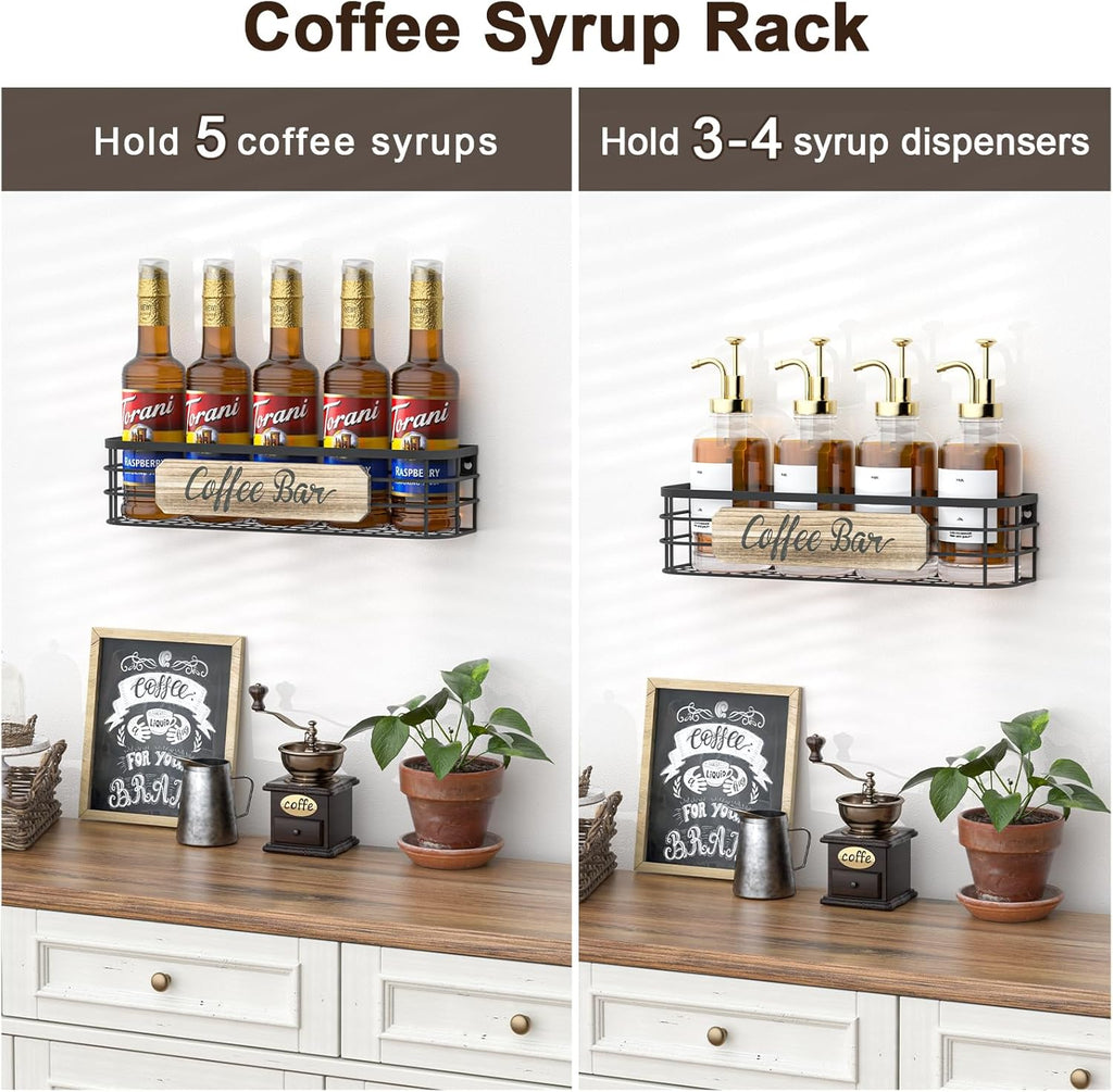 Coffee Mug Holder Organizer 2 Pack with 12 Mug Hooks Mug Rack Wall Mounted with Coffee Bar Sign Farmhouse Coffee Accessories and Organizer with Metal Basket Floating Shelves for Wall Weathered Walnut