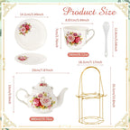 Zhehao 20 Pcs Porcelain Tea Set with Metal Holder and Spoon Adult Ceramic Tea Party Set European Flower Painting Teapot Cup Saucer Spoon for Women, Large Version(Modern Style)