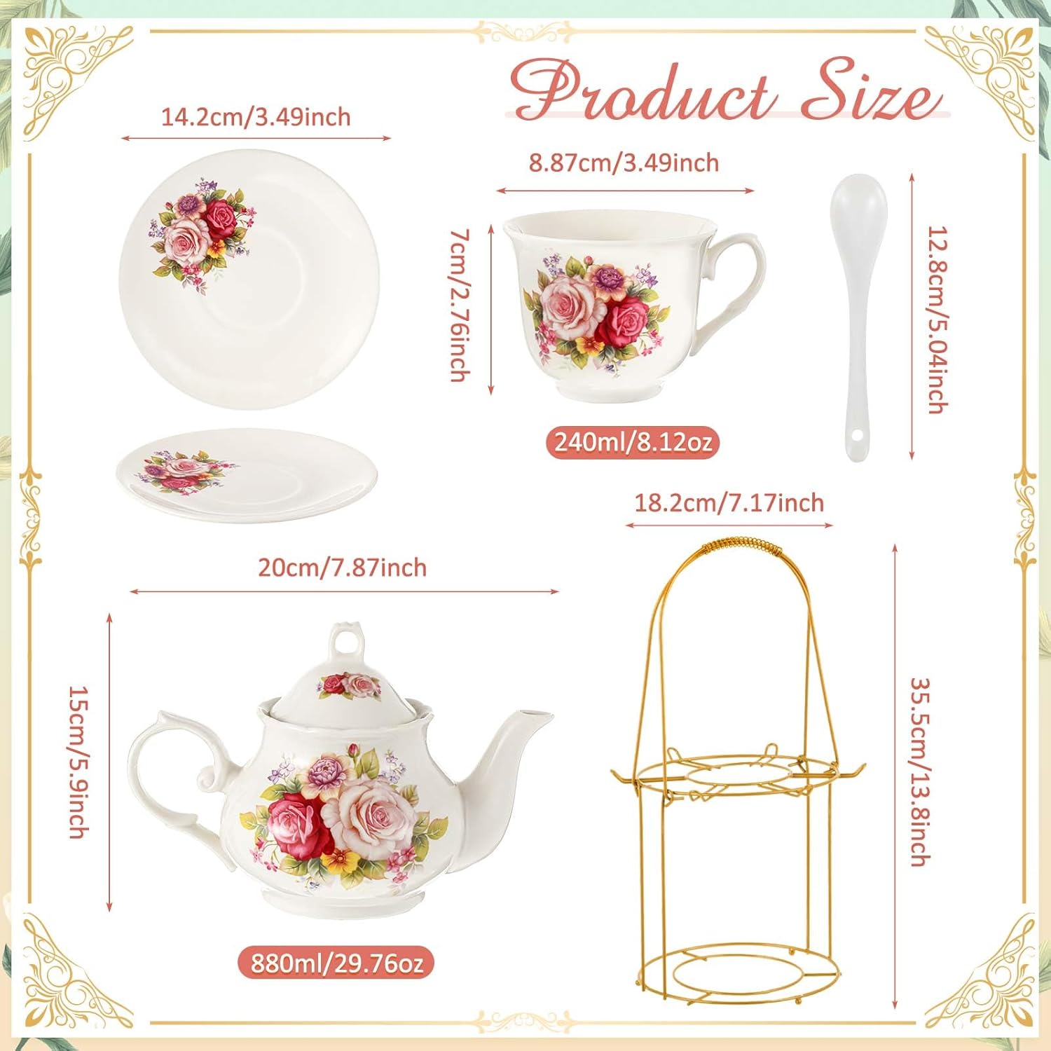 Zhehao 20 Pcs Porcelain Tea Set with Metal Holder and Spoon Adult Ceramic Tea Party Set European Flower Painting Teapot Cup Saucer Spoon for Women, Large Version(Modern Style)