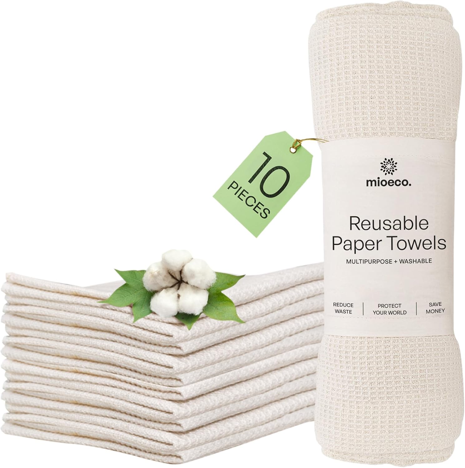 10 Pack Kitchen Paper Towels Washable - Super Absorbent Natural Paper Towels - Natural Cotton - Reusable, Paperless Kitchen Dish Cloths - 100% Organic