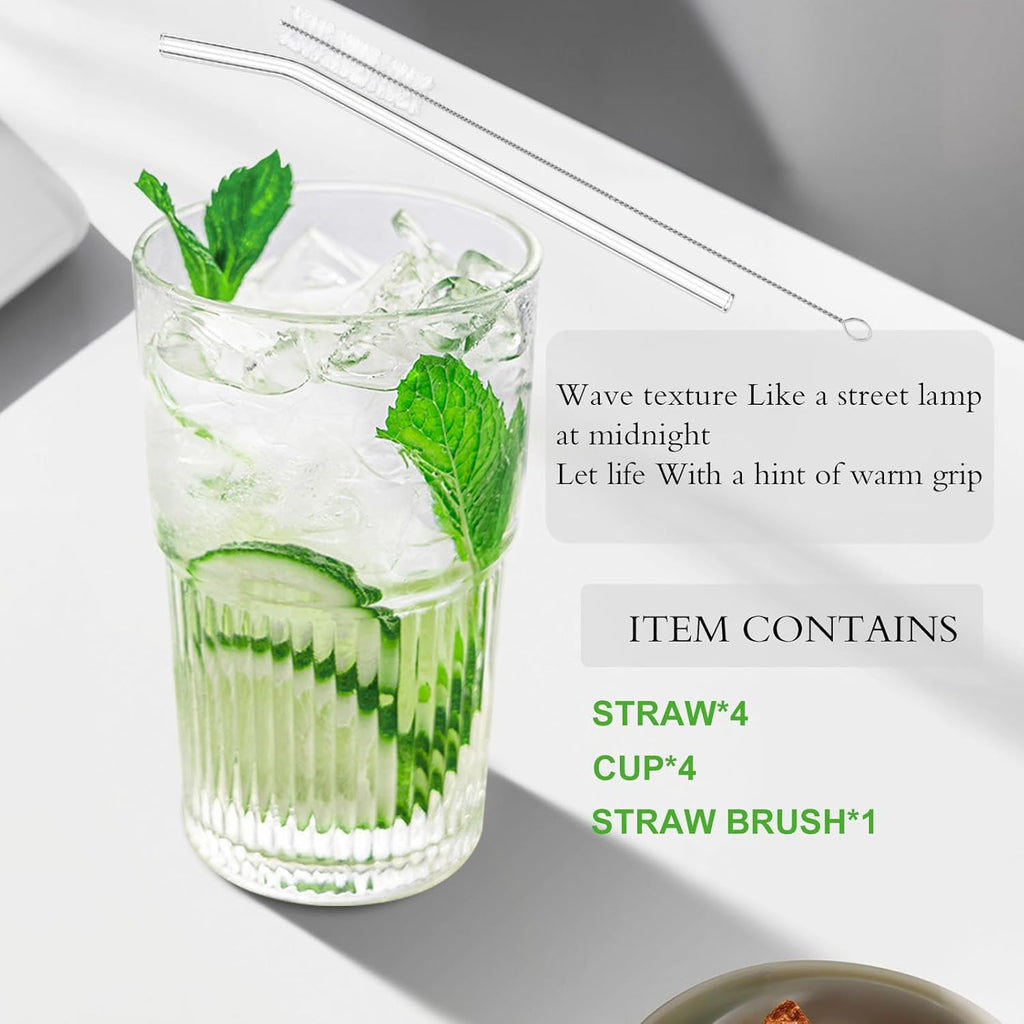 18.5oz Glass Cups with Lids and Straws - Set of 4 Reusable Tumblers, Thickened Shatter-Resistant Glass, Ideal for Iced Coffee, Smoothies, Cocktails, Juices - Elegant & Durable Drinkware