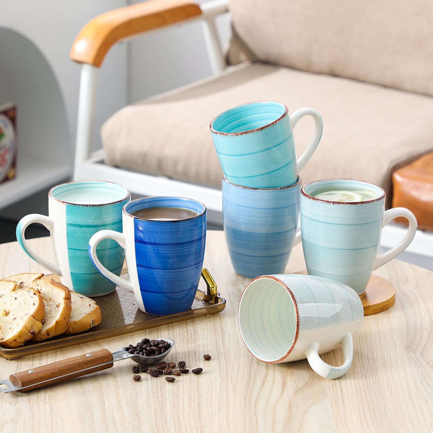 vancasso Bonita 16 Oz Large Coffee Mugs Set of 6, Ceramic Coffee Cups for Cappuccino, Latte, Tea, Cocoa, Blue