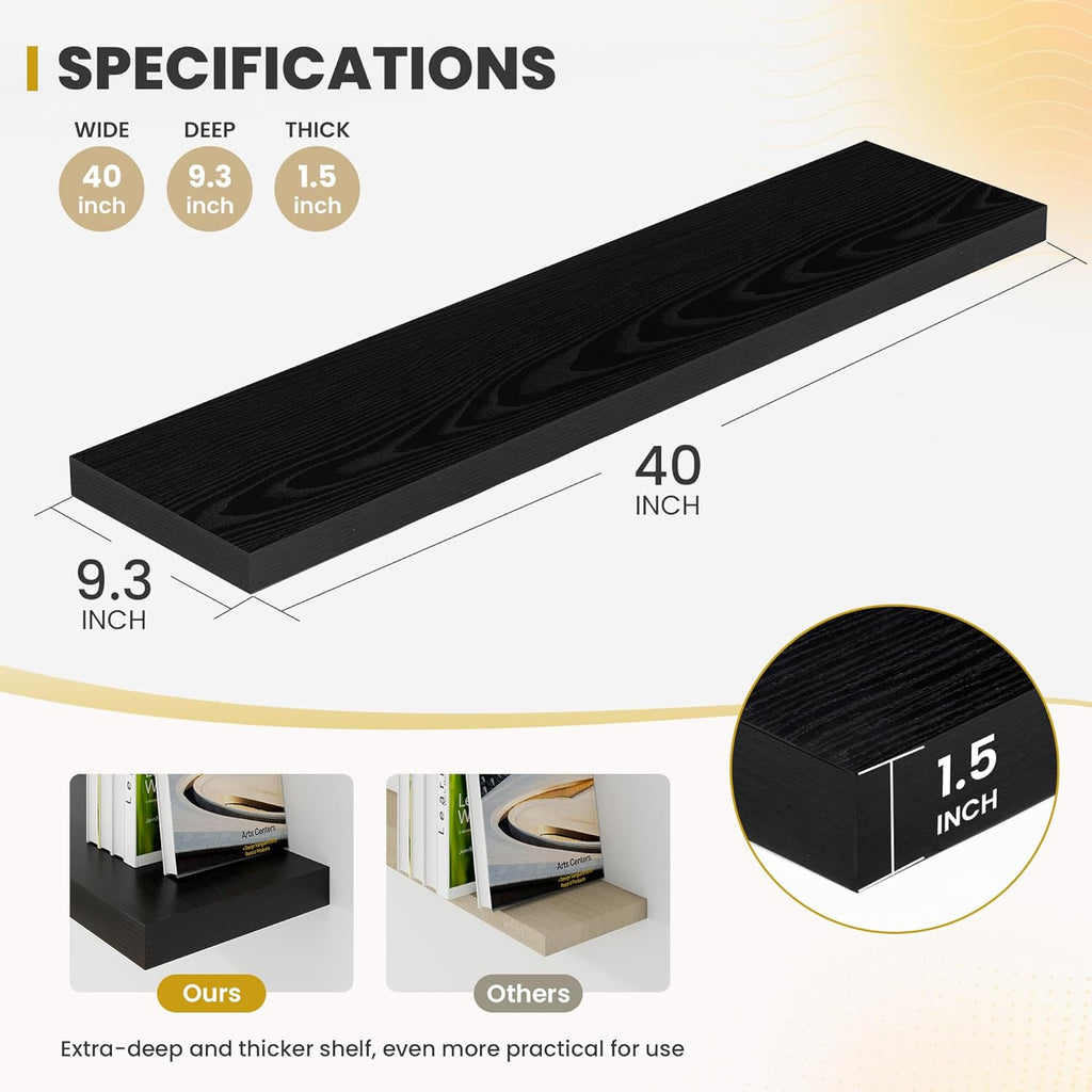 40 Inch Floating Shelves, 9.3" Deep Floating Shelf Wall Mounted, 40" Wall Shelves, Rustic Deep Bookshelf, Large Display Shelves & Storage Shelves for Bedroom, Living Room, Black, Set of 2