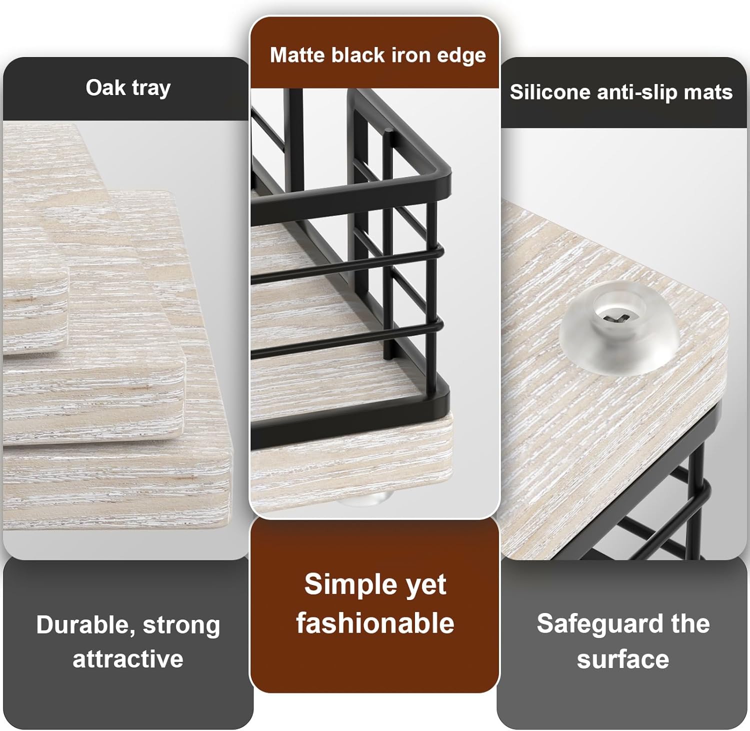 Wican Guest Towel Holder Tray for Bathroom, Ash and Iron Napkins Holder for Powder Room Dinning Table Wooden Basket for Disposable Paper Hand Towels Black and Ash Whitewashed