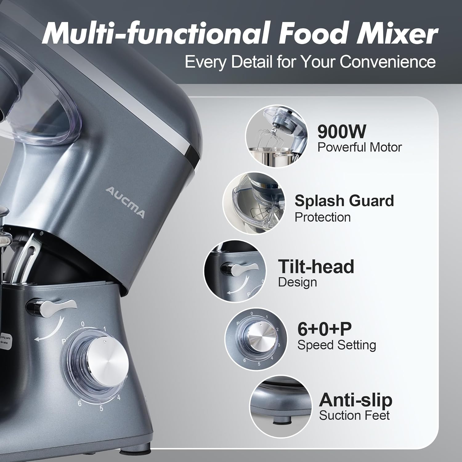 Aucma Stand Mixer, 900W 8QT Large Kitchen Mixer, Kitchen Electric Mixers with Dough Hook, Wire Whip & Beater (Gray, 8QT)